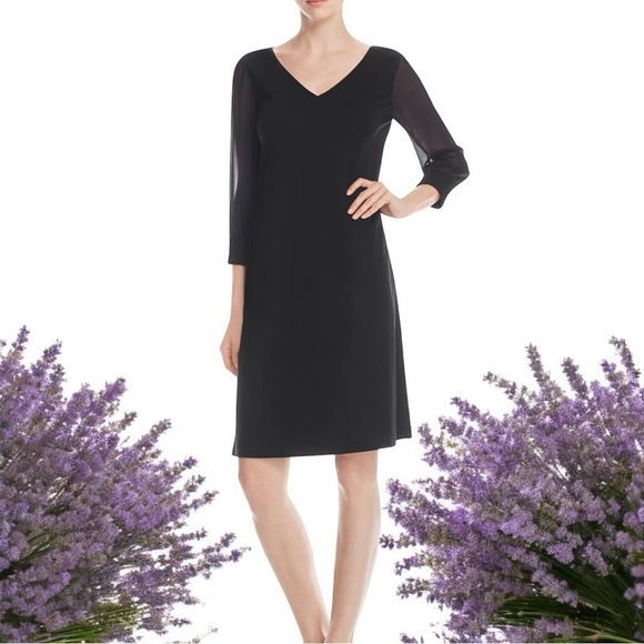 Lafayette 148 New York Black ‘V-Neck Sheer Sleeve Shift Dress’ Size Medium - Picture 1 of 16